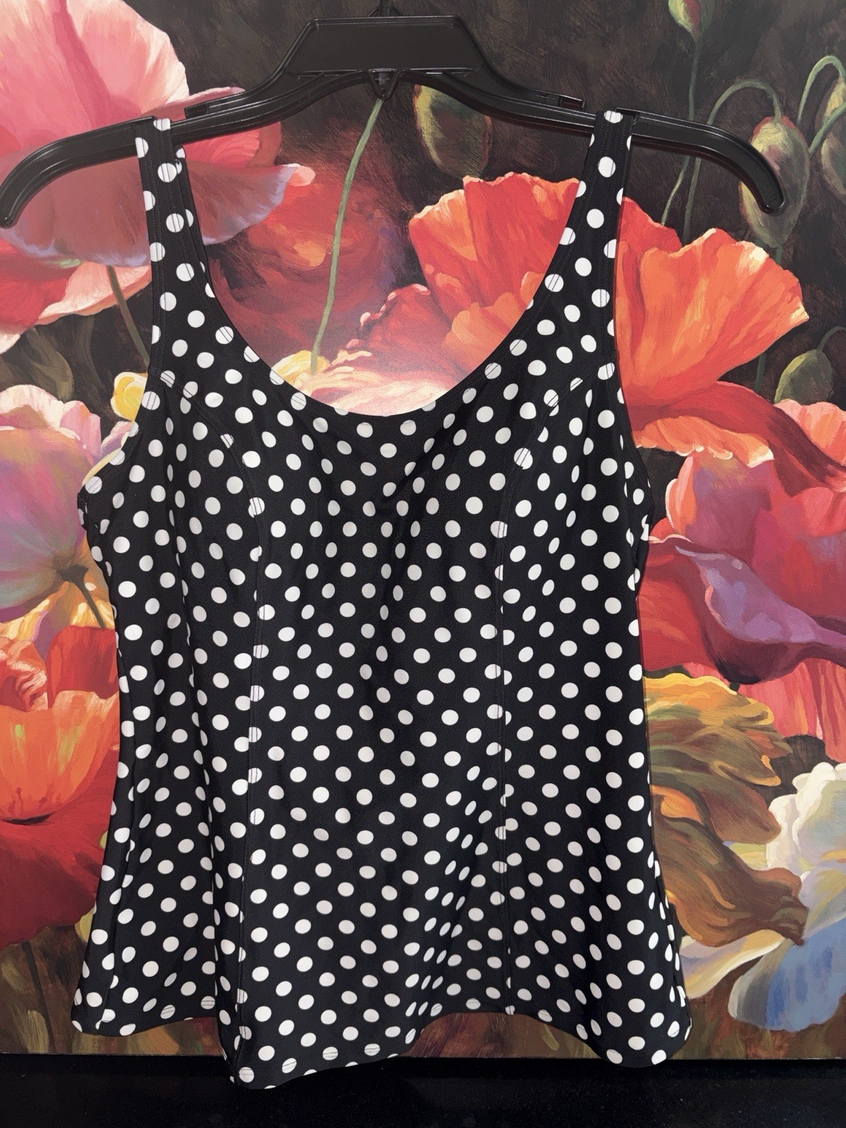 St. John’s Bay One Piece Swim Tank Top Black/White Polka Dot 10B