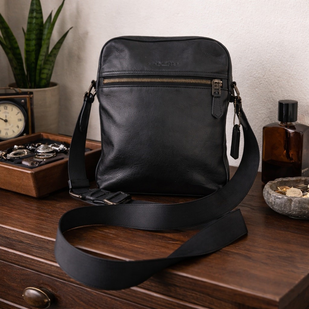 Coach Men’s Houston Flight Bag Crossbody Bag In Pebbled Black Leather