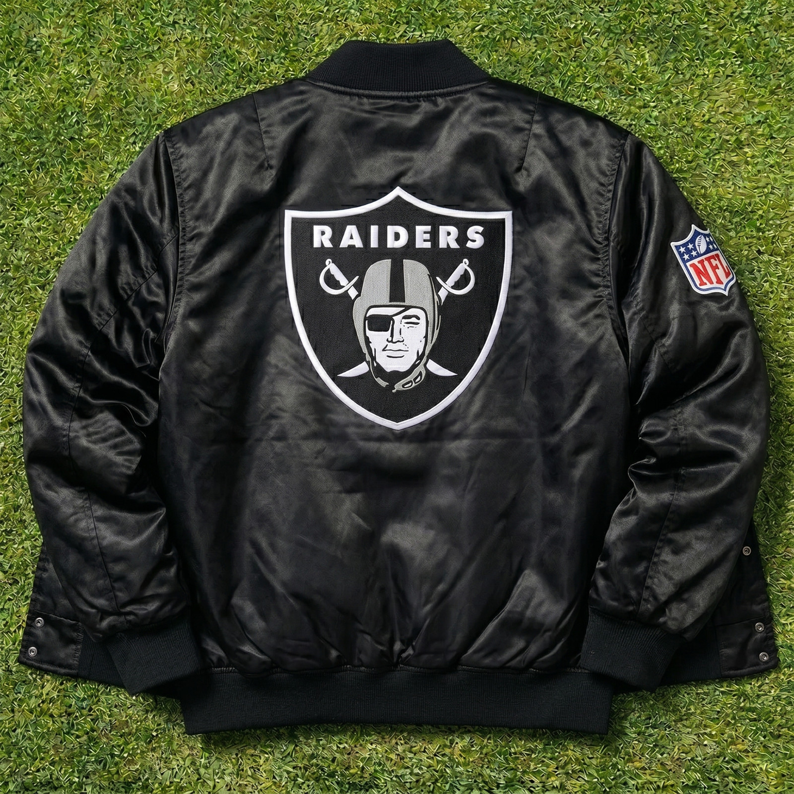 Mens Oakland Raiders Black Satin Bomber Letterman Varsity Baseball Snap Jacket