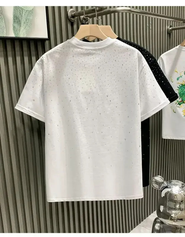 Summer Men Clothing Summer Rhinestone Rivet T-shirt Round Neck Casual T-shirt