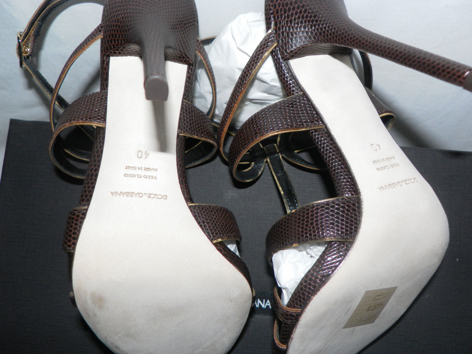 DOLCE & GABBANA LIZARD STRAPPY T-STRAP SLINGBACK STILETTO SANDALS BROWN Sz. 40