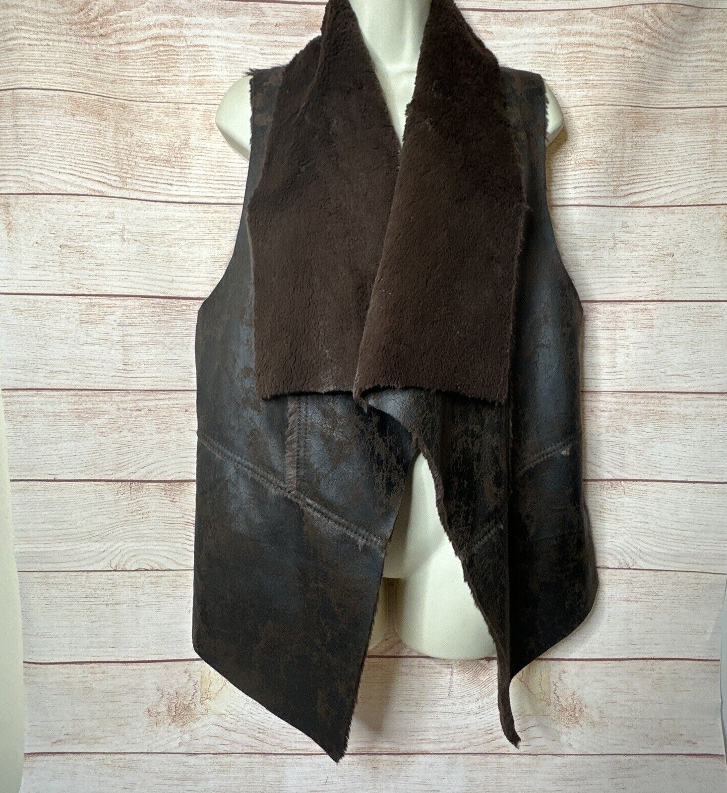 Karen Kane Chocolate Brown Faux Fur Faux Leather Open Front Women’s Vest L XL