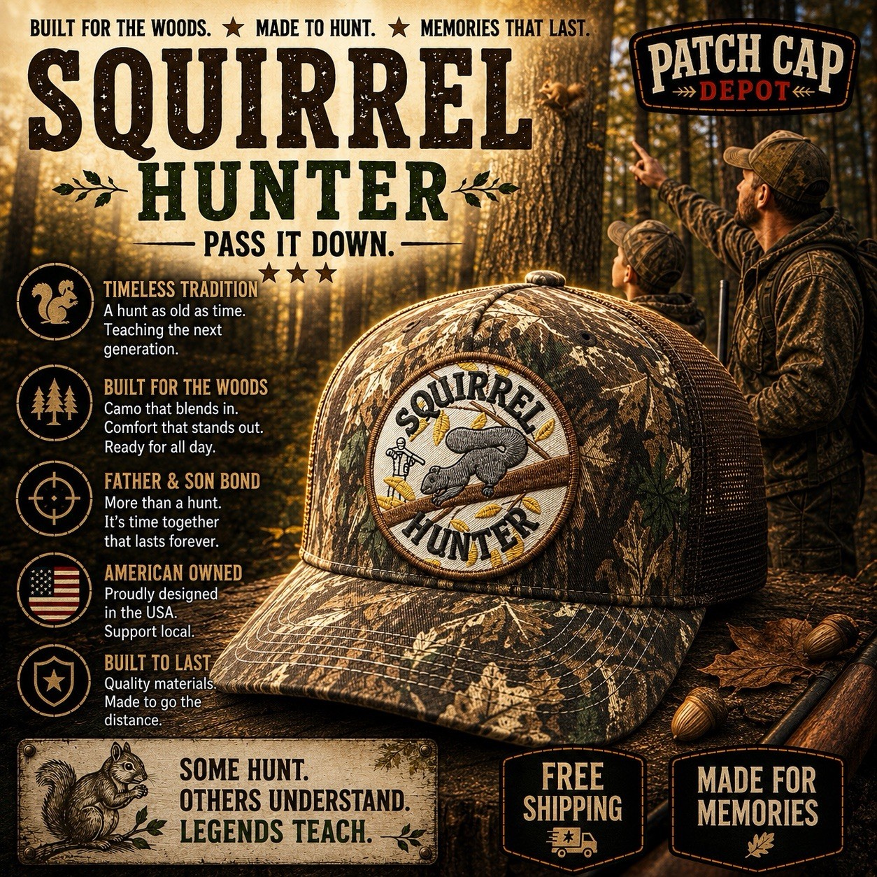 SQUIRREL HUNTER Patch Cap – Camo Trucker – Throwback Snapback