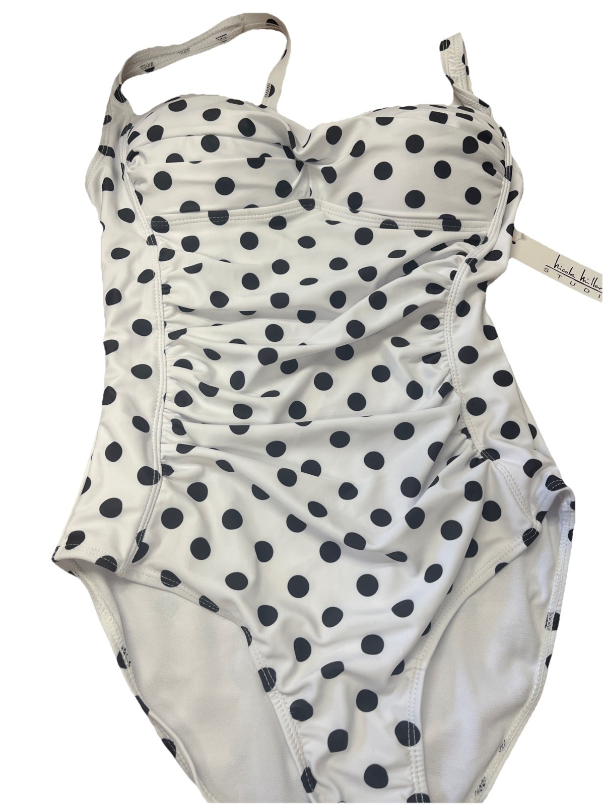 Bandeau Swimsuit 1 Piece White With Black Polkadots￼