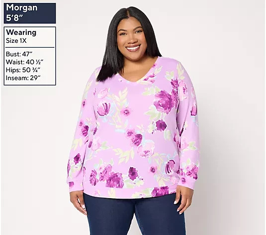 Denim & Co. Printed Heavenly Jersey V-Neck Pullover NWT A714593