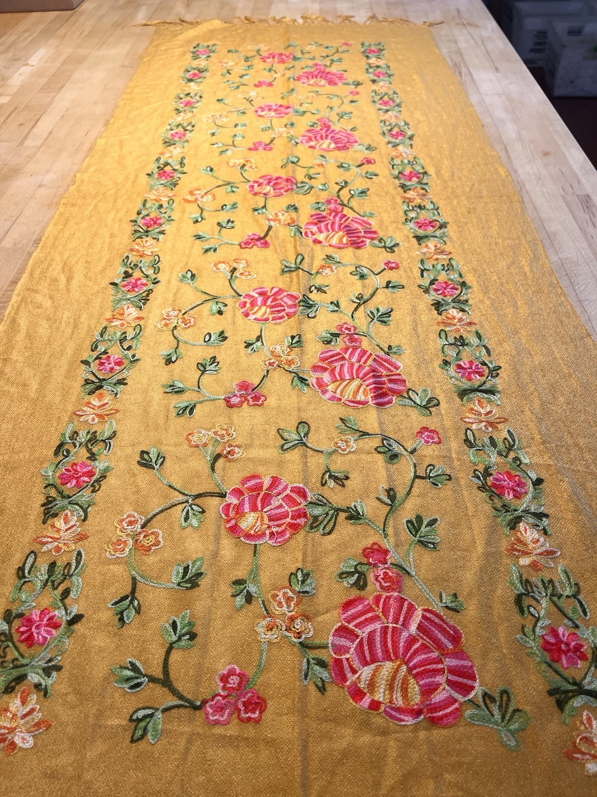 Gold Floral Embroidered Light Wool Wrap Scarf 26” X 66.5” Fringe