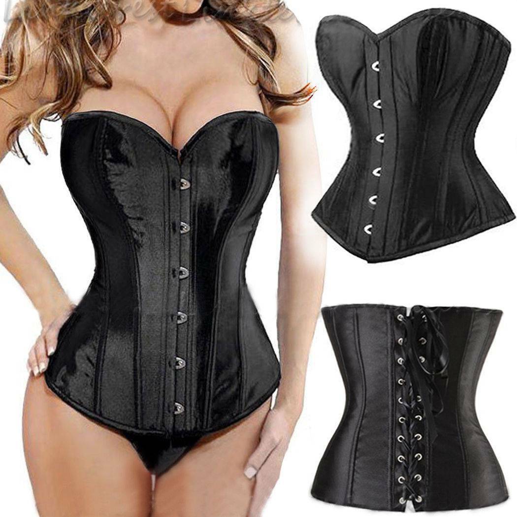 Sexy Black Bustier Overbust Corset Top Waist Training Lace Up Steampunk Lingerie