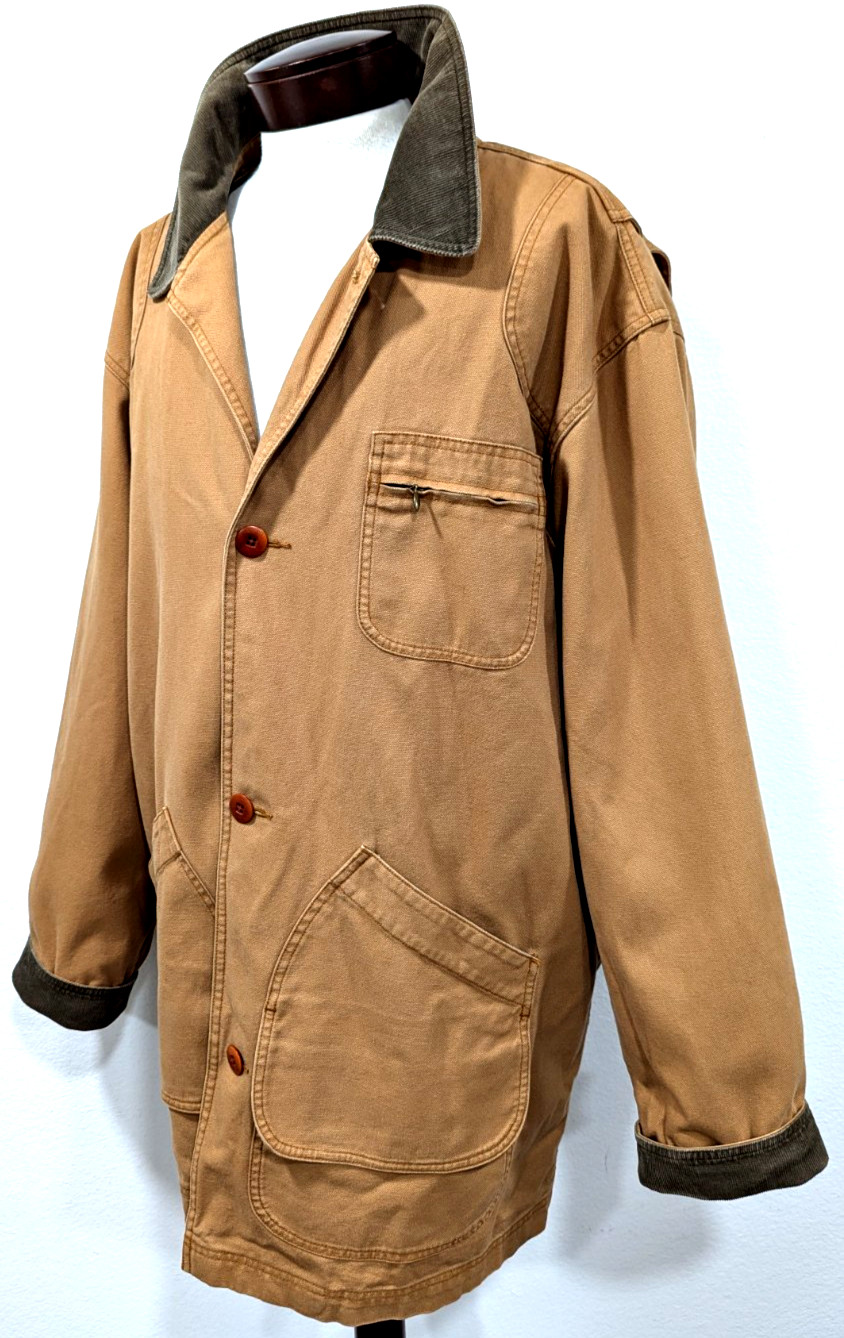 Vtg LL BEAN Barn Chore Coat Tan Canvas Red Plaid Wool Lining Men’s XXL TALL EUC*