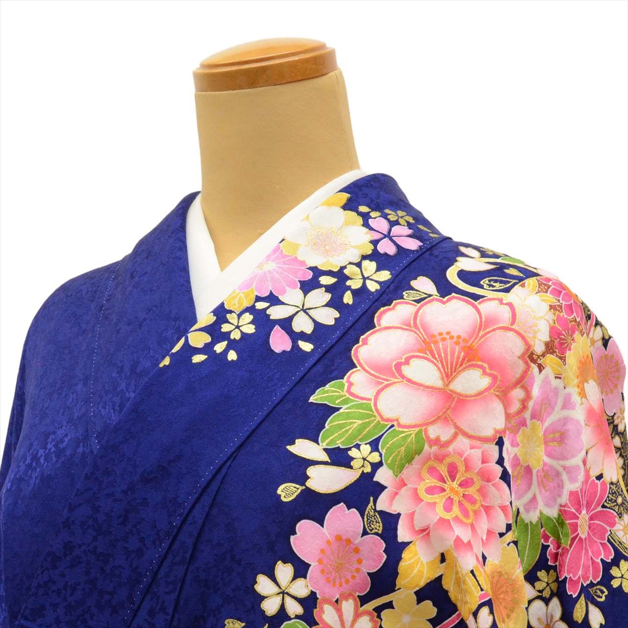 Vintage Kimono Furisode | Navy Silk Floral Gold Thread Foil | Tall LL uu0239b