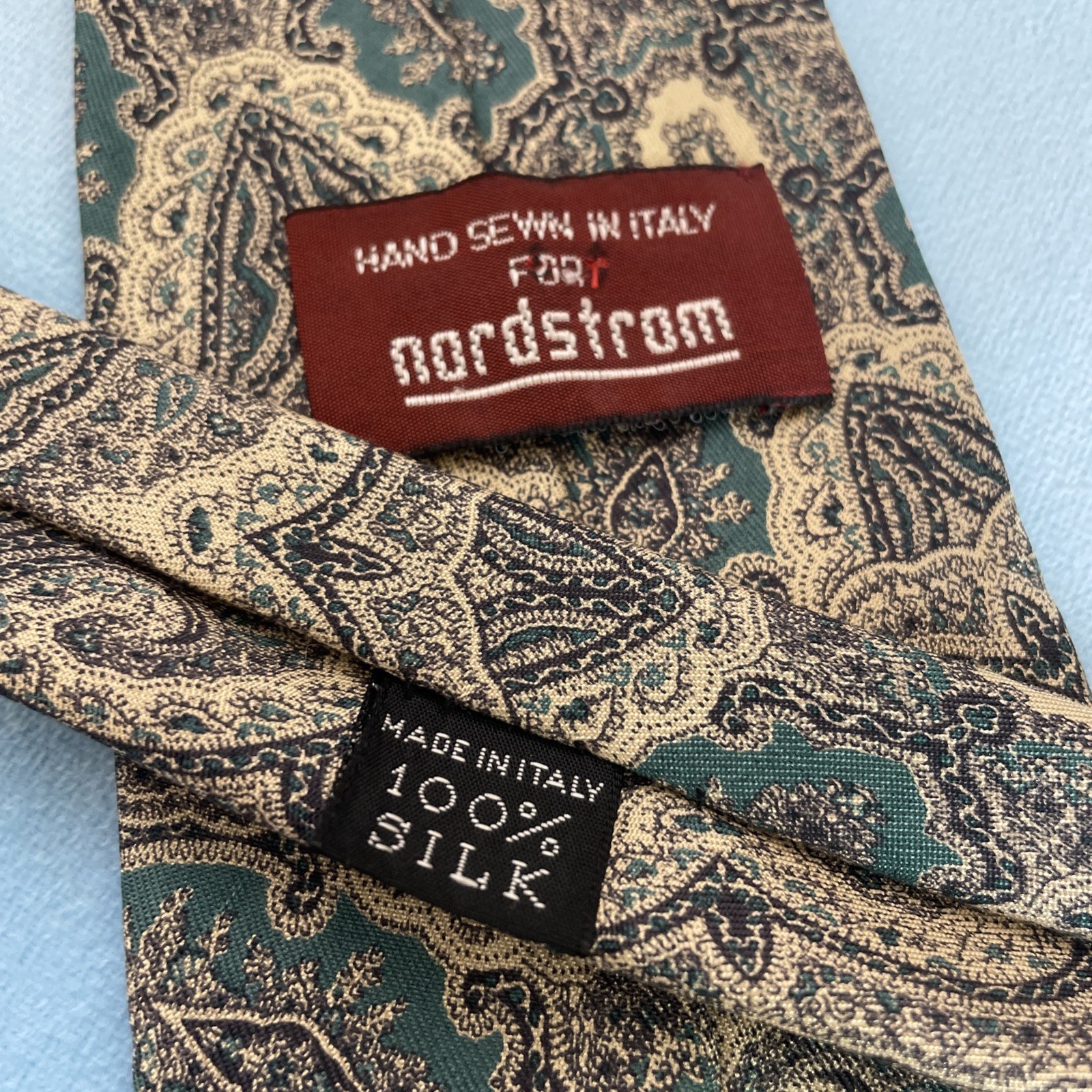 Nordstrom Hand Sewn Italian Silk Tie Green Paisley Western Classic Vintage 90s