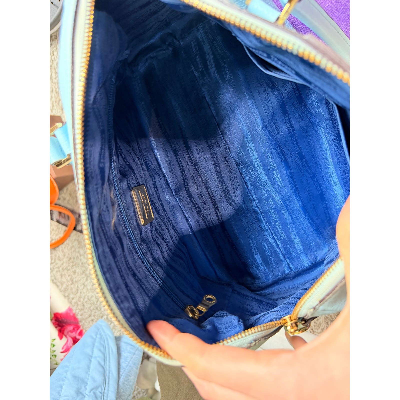 Samantha Thavasa Light Blue Pebbled Leather Satchel Bag with Gold Hardware