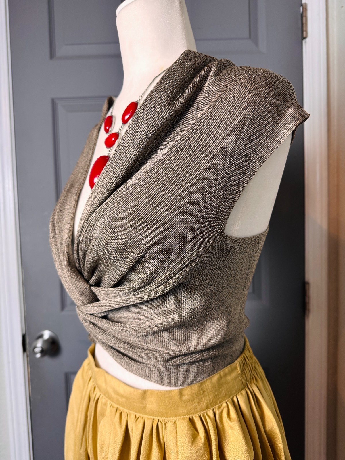 Nora Attalai Paris Cupro Bemberg Metallic Knit Twist Front Crop Top
