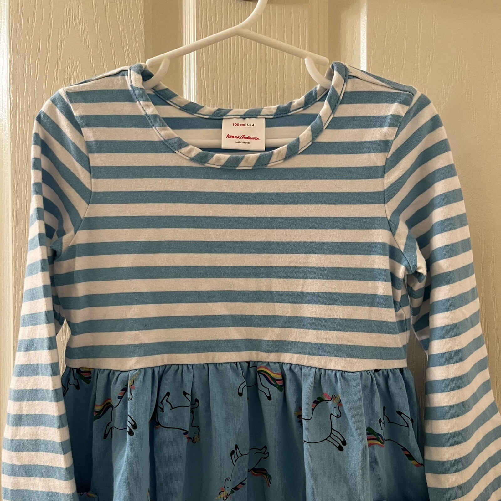 Hanna Andersson Mixie Playdress Dress Blue Striped Unicorn Pockets Size 100 US 4