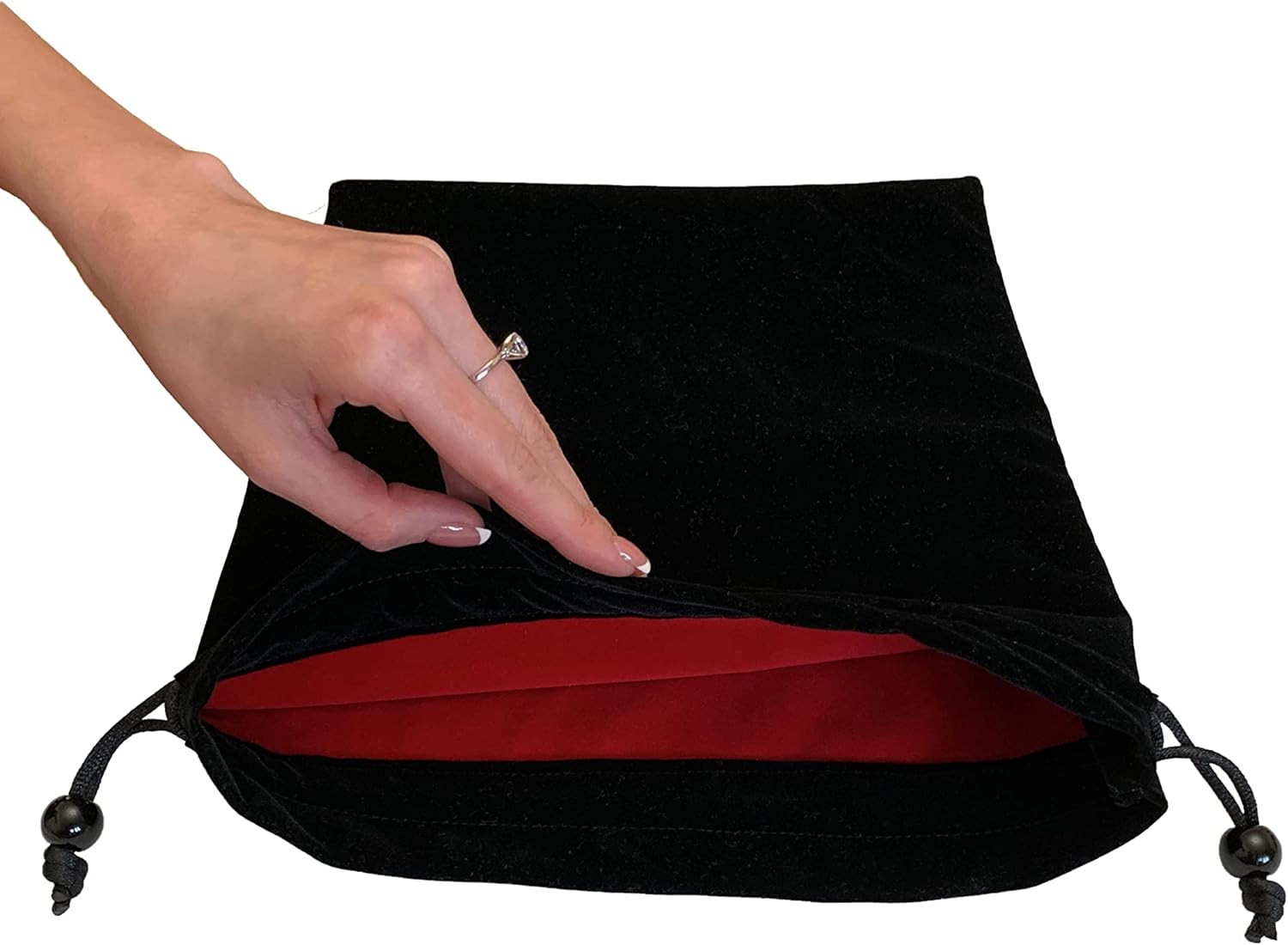Large Velvet Drawstring Pouch, Red Velvet Lining Inside,11 X 13.5 in Black Bag