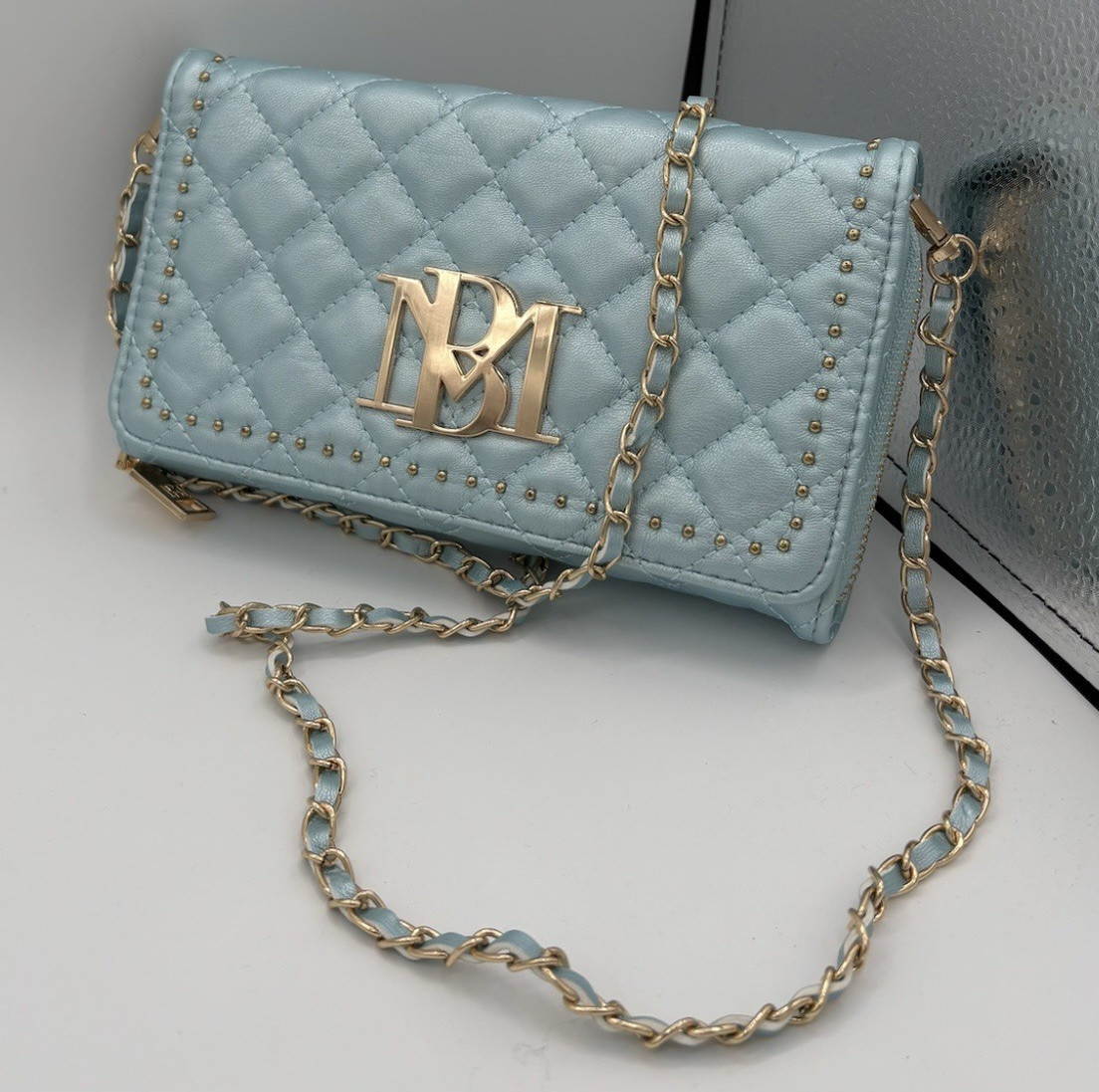 Badgley Mischka Blue/Gold Quilted Crossbody Bag Chain Strap Zip, Studded