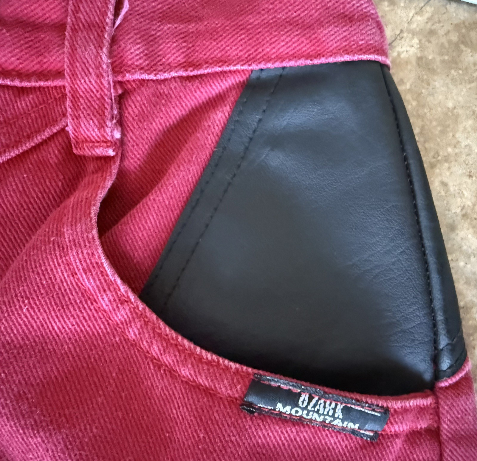 Vintage 90s Ozark Mountain red Western jeans with leather, straight‑leg size 5
