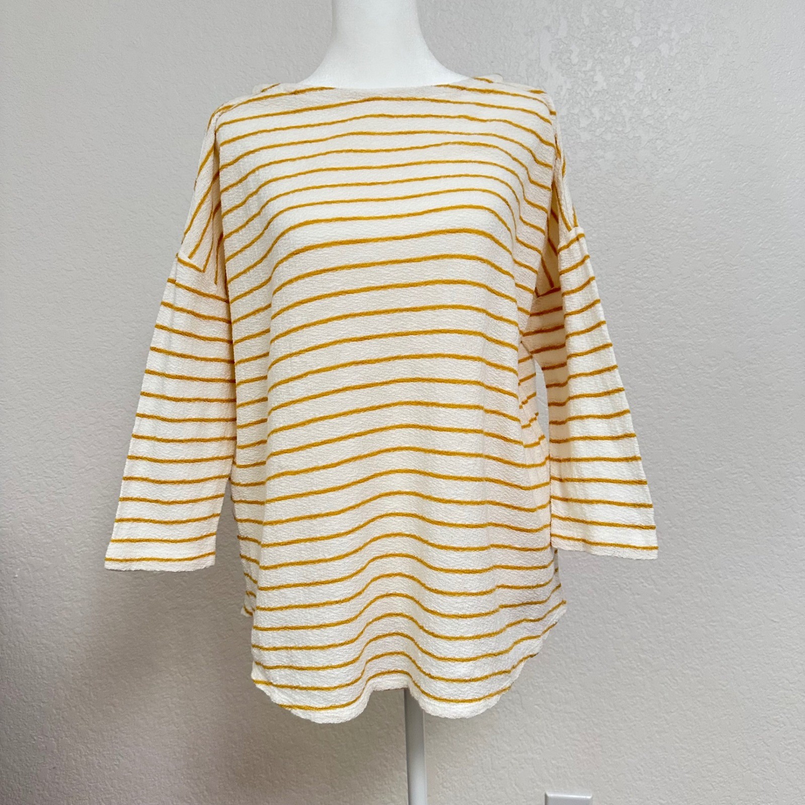 J. Jill Striped Top Womens Small White Yellow 3/4 Sleeve Cotton Knit Boat Neck