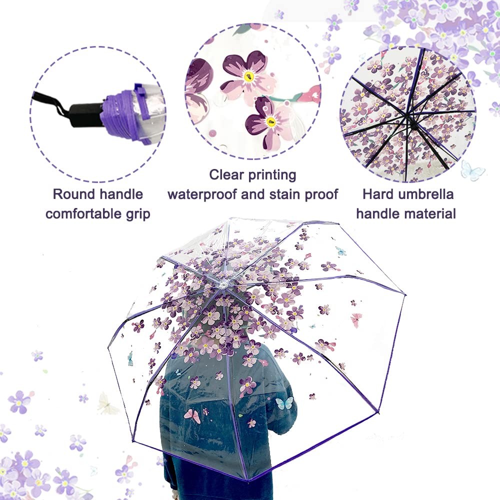 Cherry Blossom Butterfly Umbrella Transparent Clear Umbrellas 8 Ribs Folding Umb