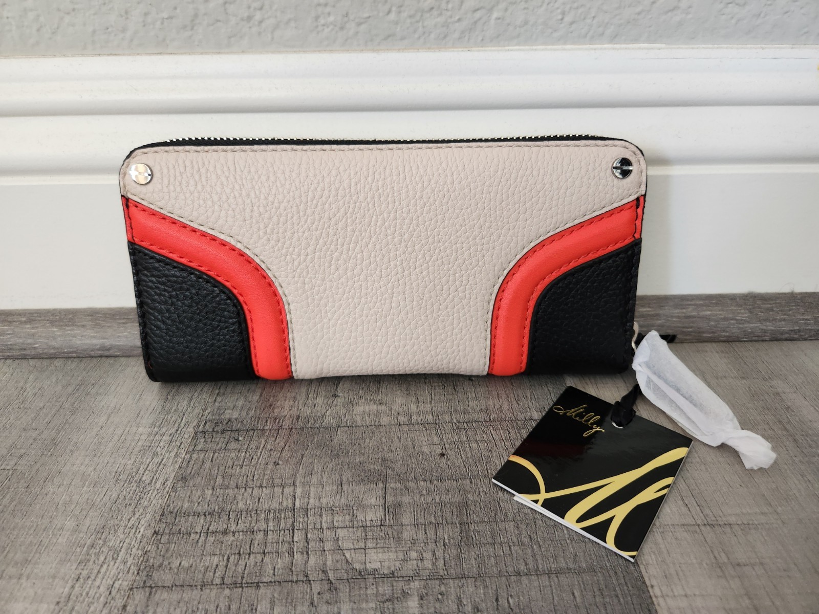 RARE NWT Women’s Milly Zip-Around Soft Leather Designer Wallet Tan Black Orange