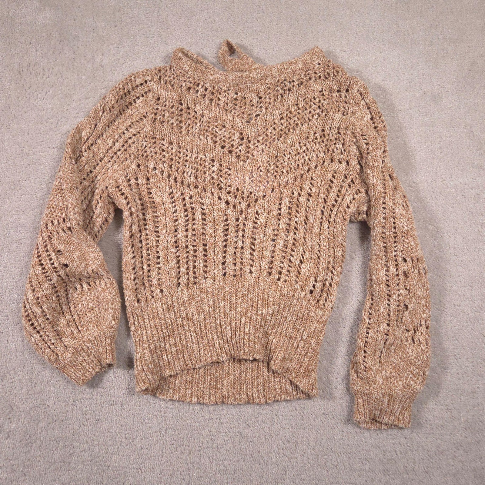 Willow-Root Sweater Womens XL Beige Open Knit Tie Back Pullover Long Sleeve