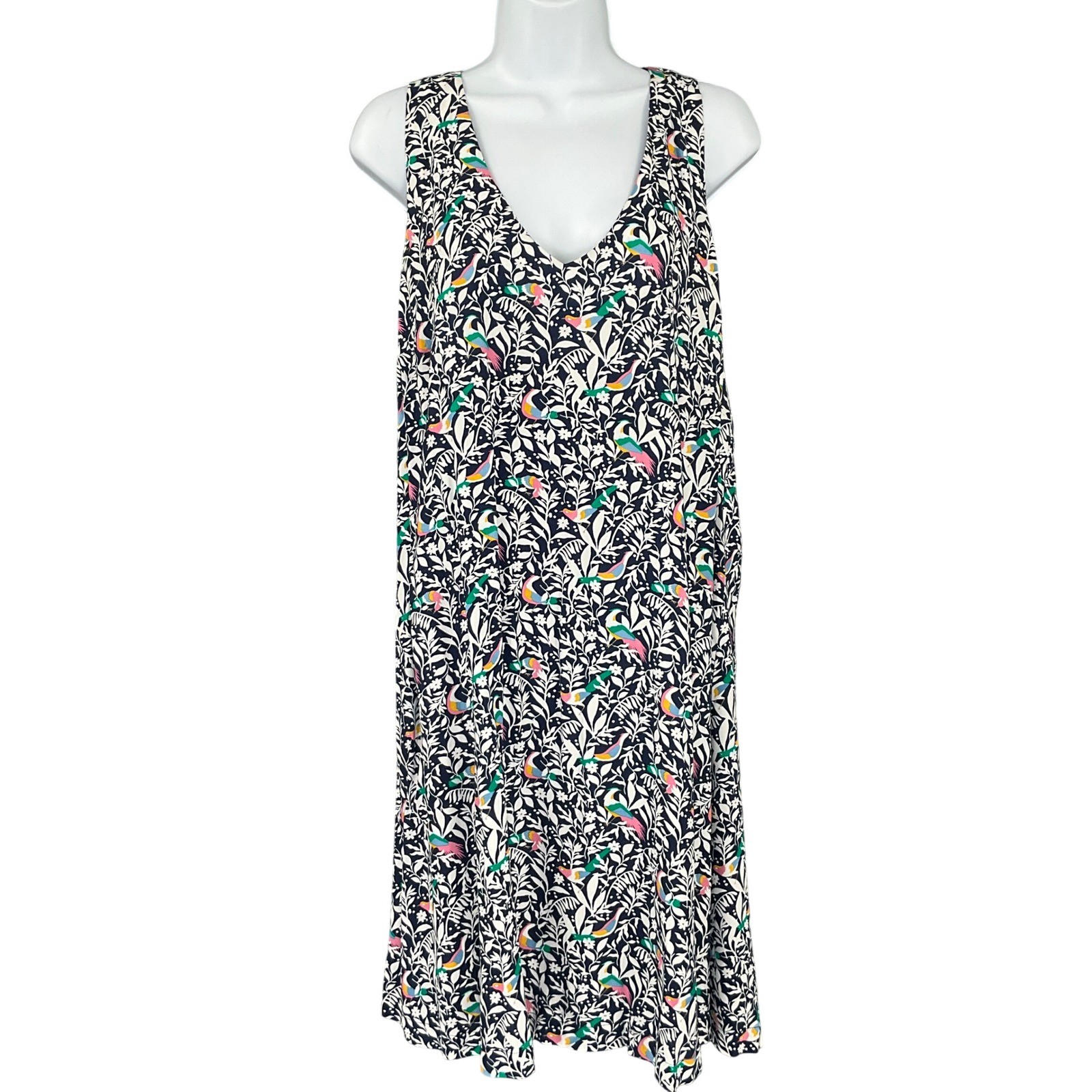 LOFT Floral Bird Print V Neck Sleeveless Midi Dress Sz XXL Casual Travel Beach