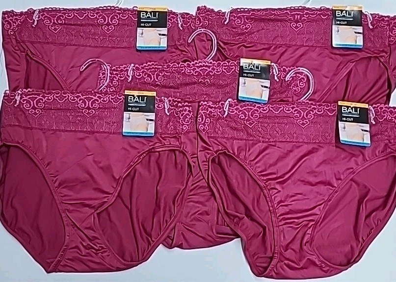 BALI Hi-Cut Underwear Panties 5-Pair Smoothing DFPC62 Maroon RED L/7 Large NWT