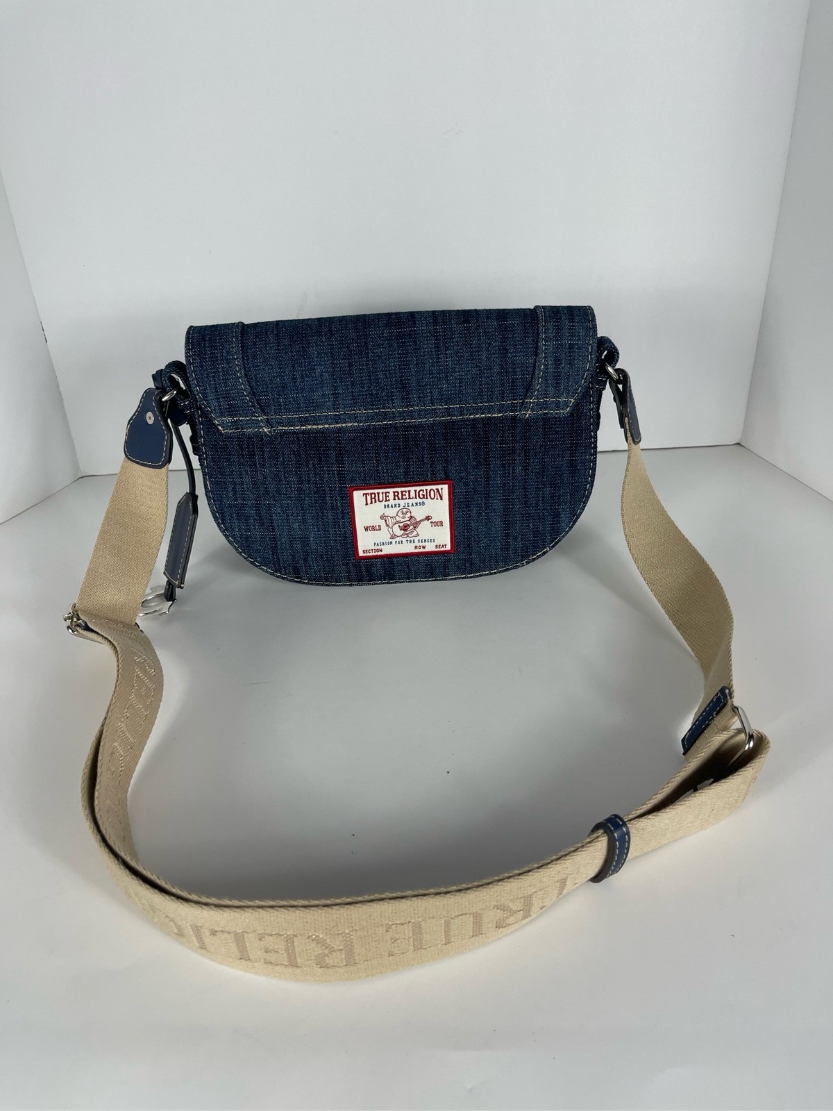 True Religion Denim Crossbody Bag Studded Horseshoe Flap Shoulder Purse