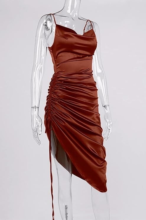 Women’s Plus Size Satin Cowl Neck Side Drawstring High Slit Party Dress, XL (B33