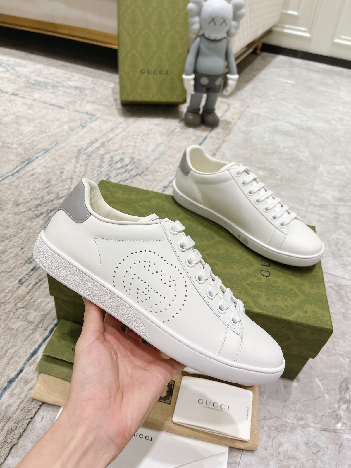 Gucci Ace Sneakers – Cream Leather with Perforated GG Logo