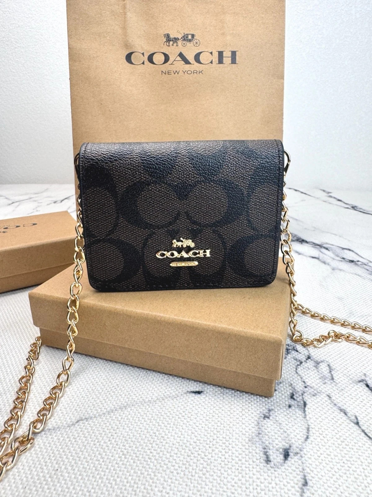 NWT Coach Mini Wallet On A Chain Signature Canvas With Charms CZ278 NEW