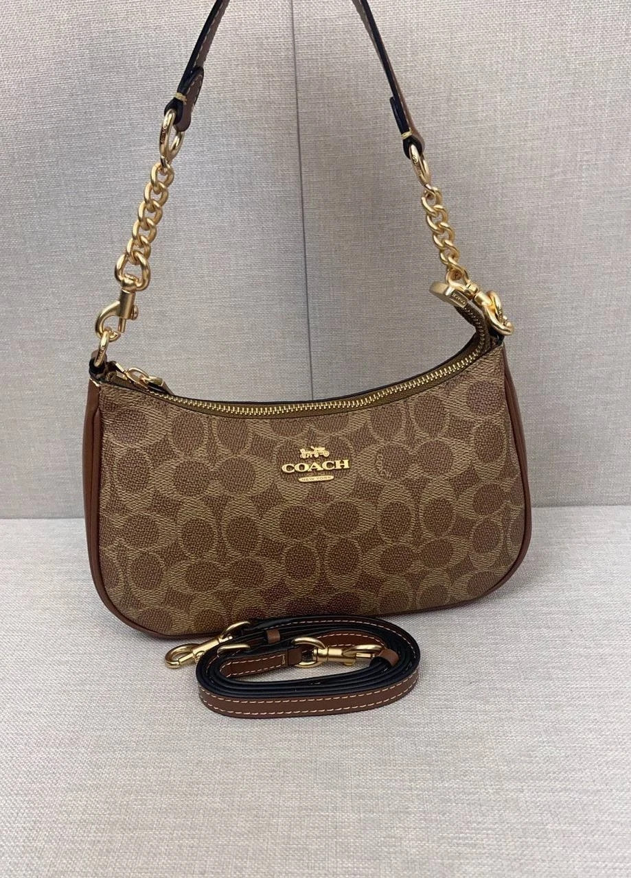 NWT Coach CV933 Teri Shoulder Bag In Signature Canvas Brown New Free Shipping