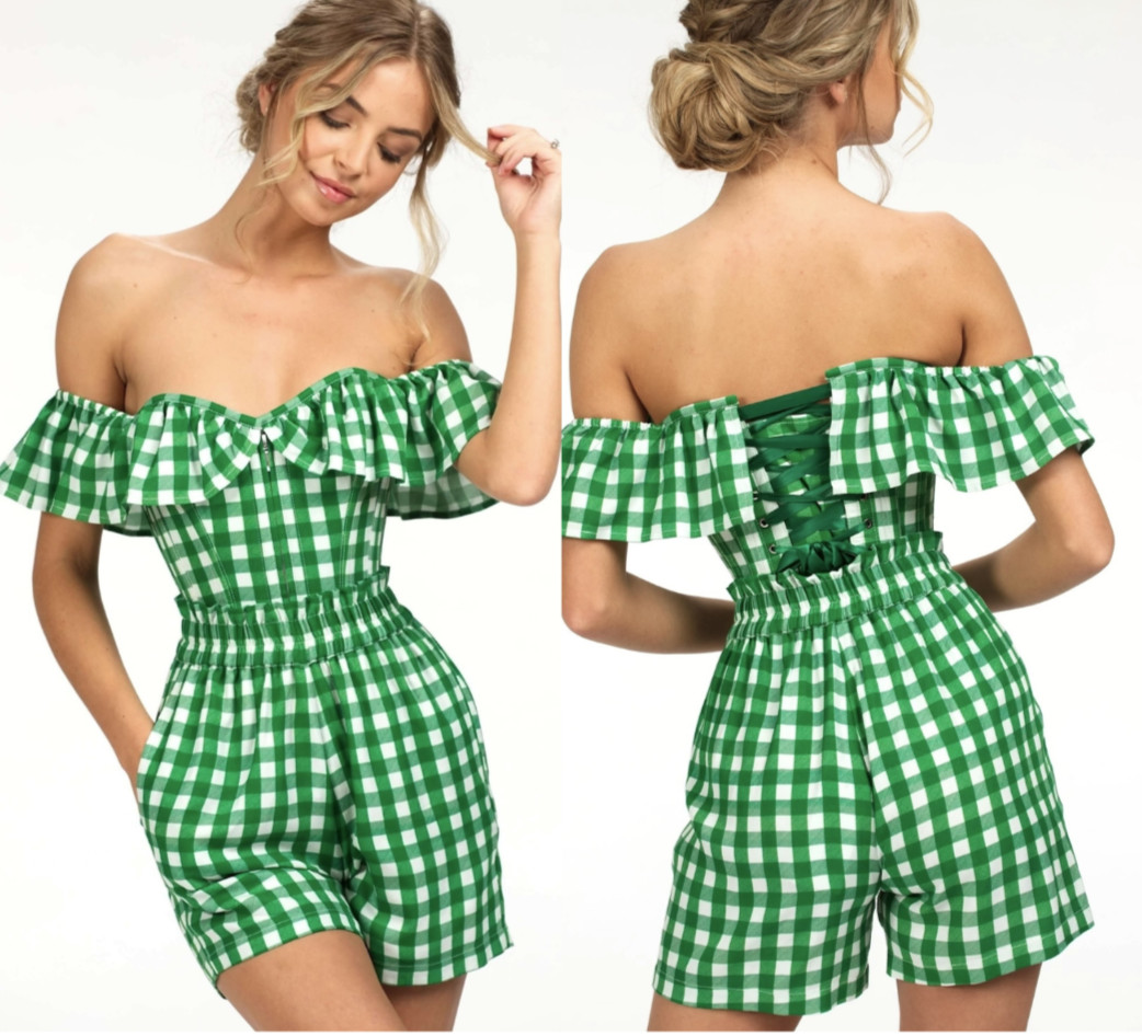 Steel Boned EU Green Gingham Corset Shorts Set US 6-8 NWT