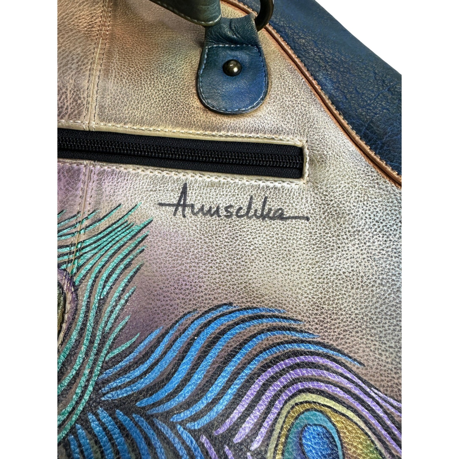 Anuschka Hand Painted Leather Peacock Riveted Floral Shoulder Hand Bag KC