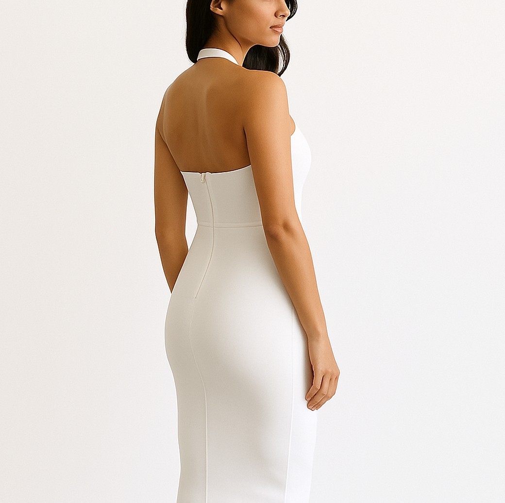 Backless Halter Neck Midi Bandage Dress Cinched Waist Bodycon Event Bridal – S