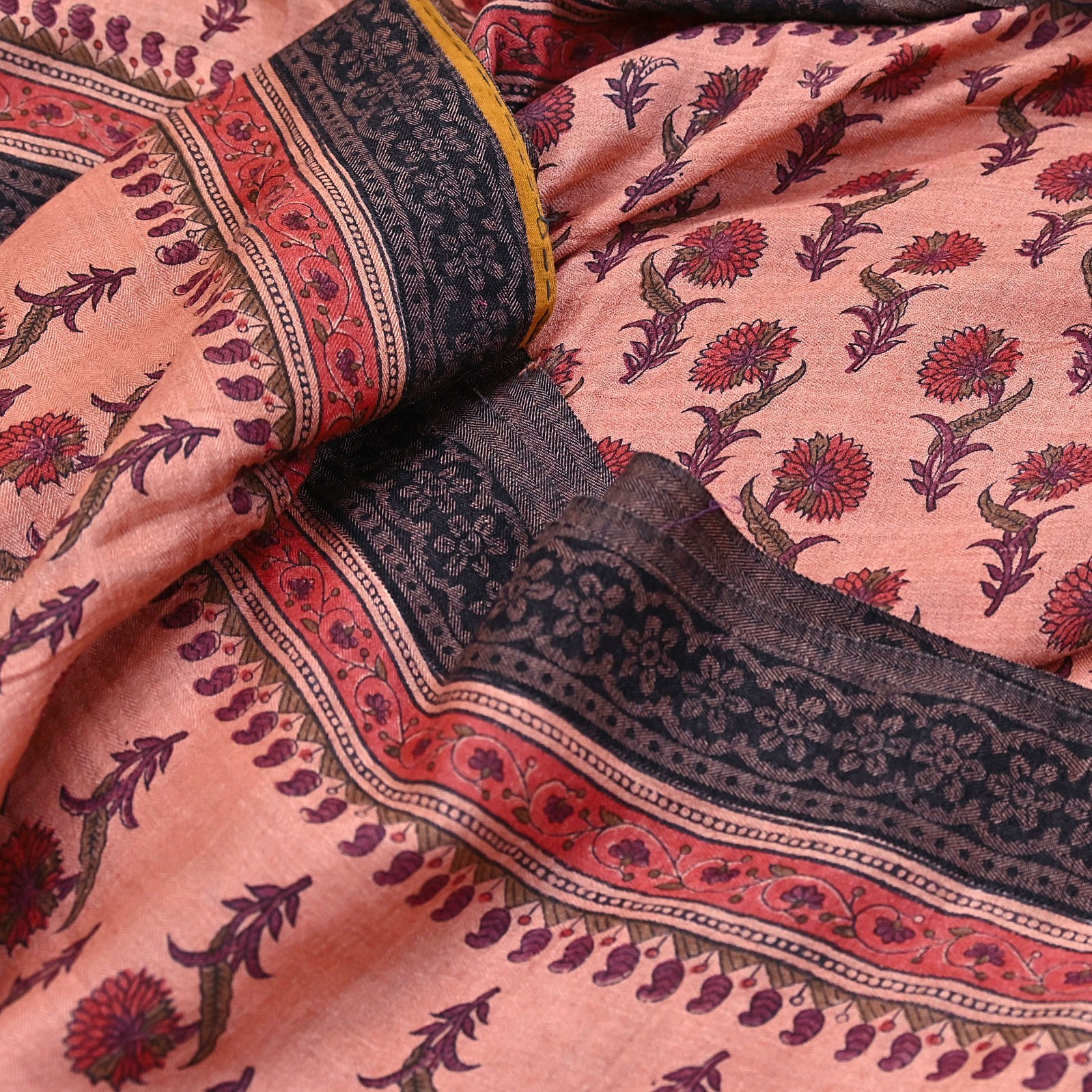 Vintage Peach Wool Saree Indian Pure Woolen Woven Floral Fabric 6Yard Soft Warm