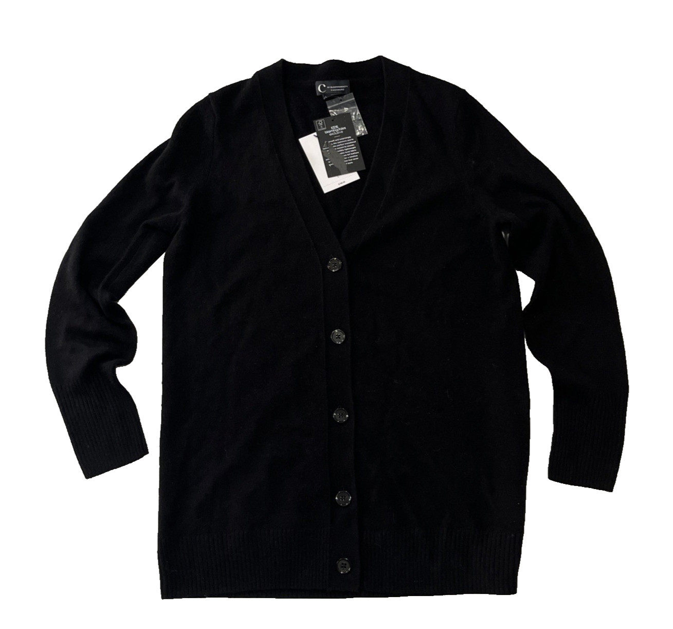 C Designer 100% Cashmere Black Grandfather Cardigan Sweater – Small -msrp $188