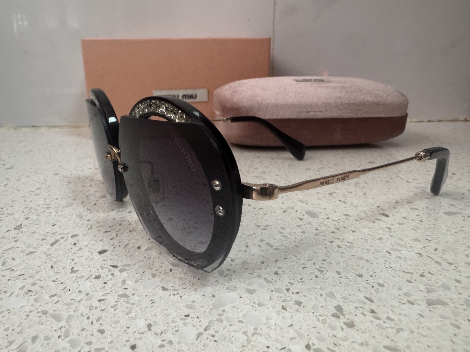 MIU MIU Gold SILVER GLITTER Round Sunglasses VINTAGE SEMI RIM SMUO6s Black Lens