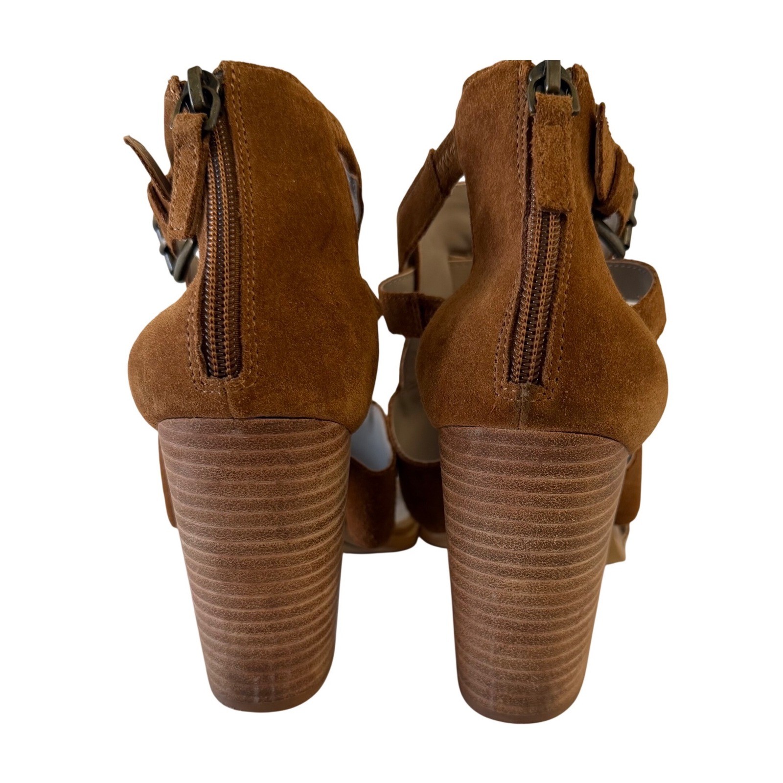 Hinge Womens Cognac Brown Suede Strappy Block Heel Sandals Back Zip Size 8.5M