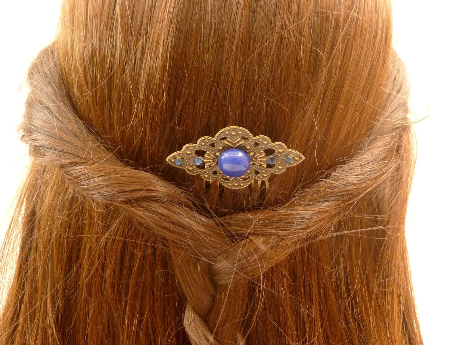 Small Gemstone Hair Comb with Lapis Lazuli Bronze Tone Unique Hair Accessories