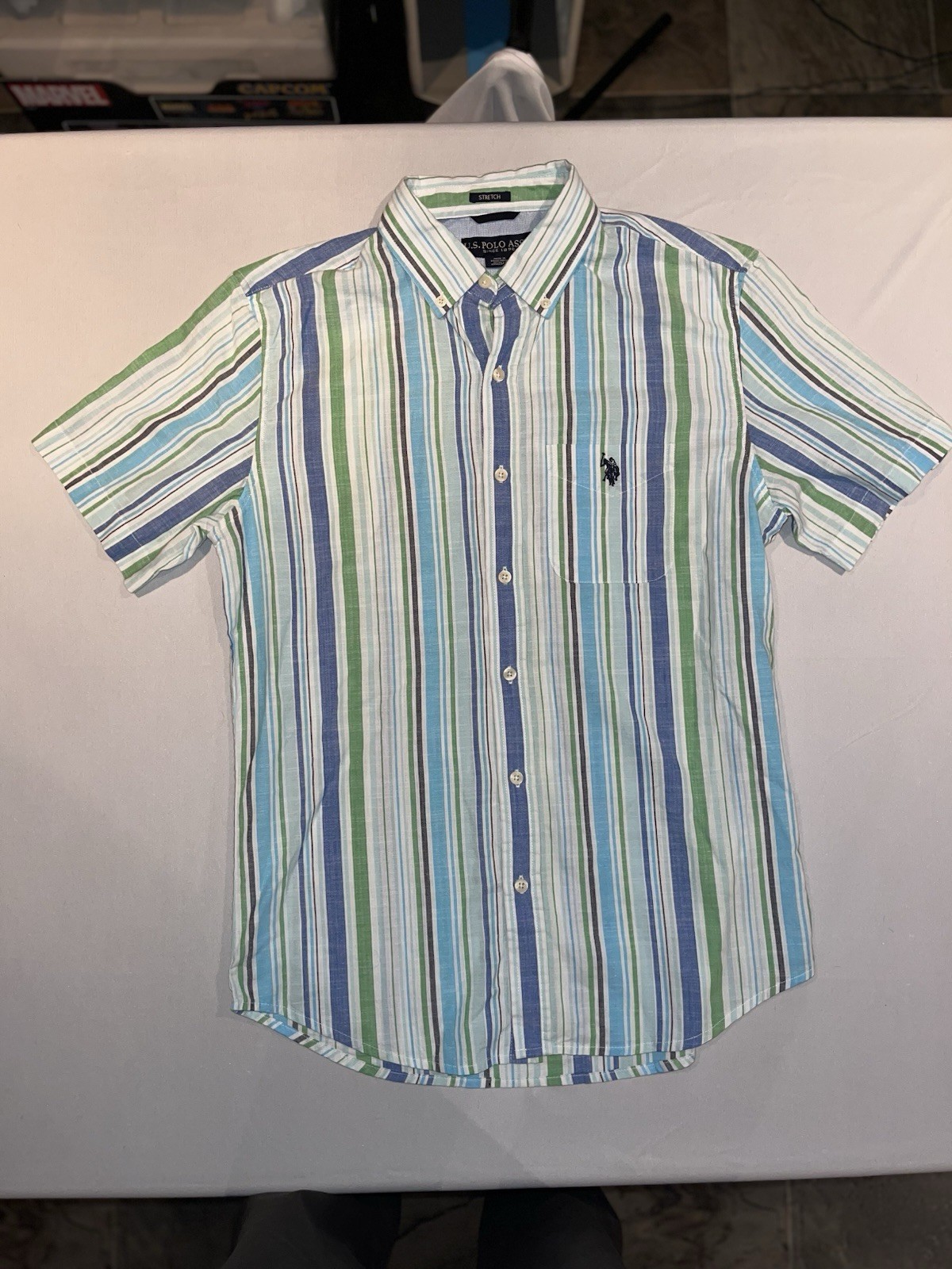 U.S. Polo Assn. Striped Button-Up Shirt S Blue Green White Short Sleeve Stretch