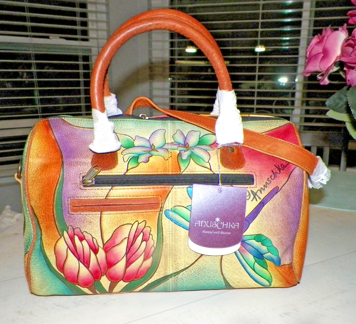 ANUSCHKA HAND PAINTED FLORAL & DRAGONFLIES PURSE NEW WITH TAGS