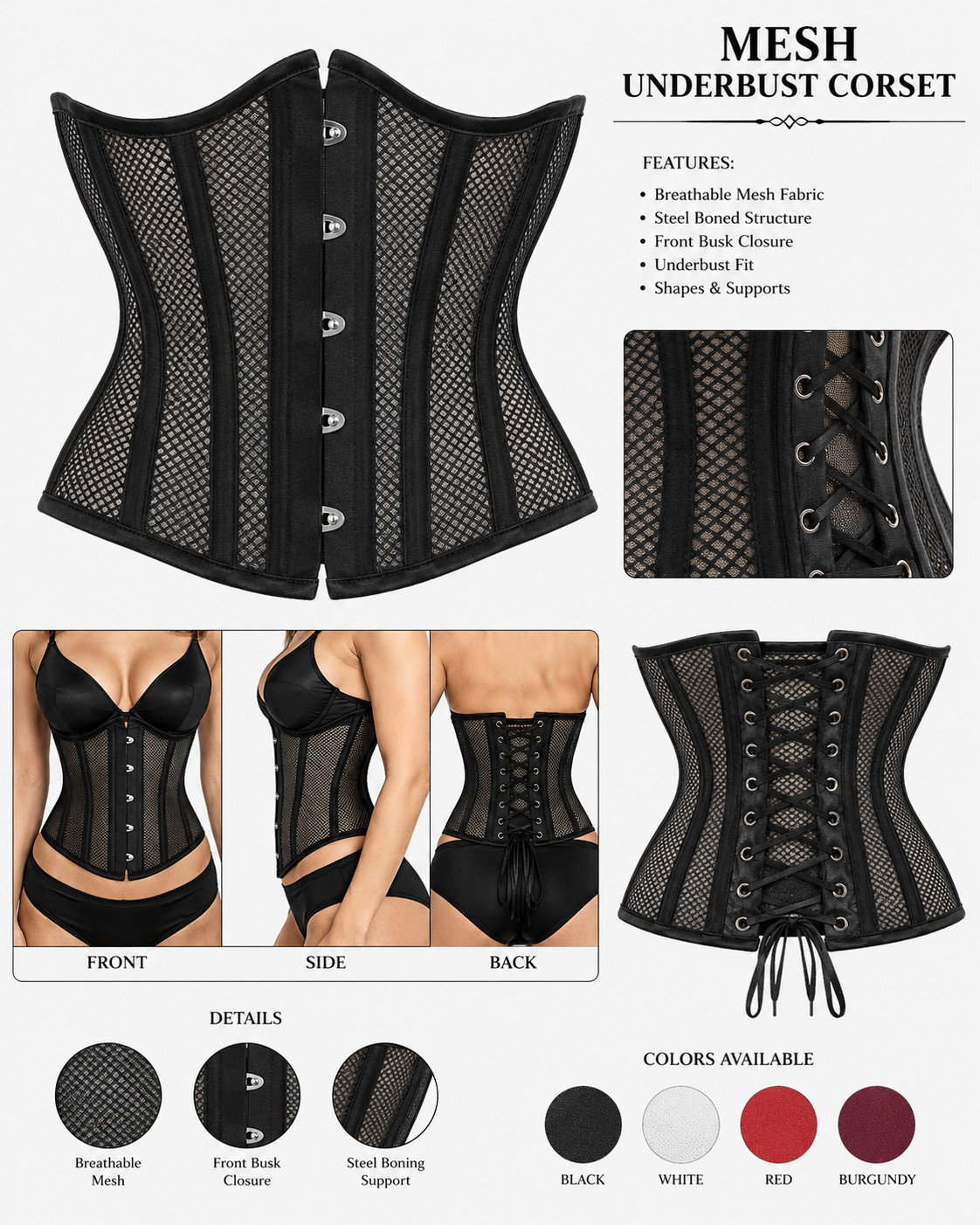 Black Mesh Underbust Corset Steel Boned Waist Cincher Gothic Lace Up Bustier