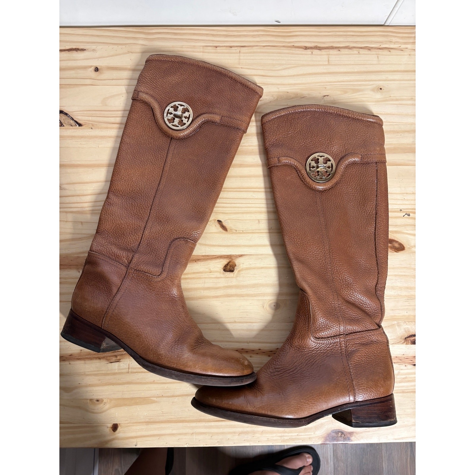 Tory Burch Size 7 Selma Riding Boots Brown Leather Knee High Zip Almond Toe
