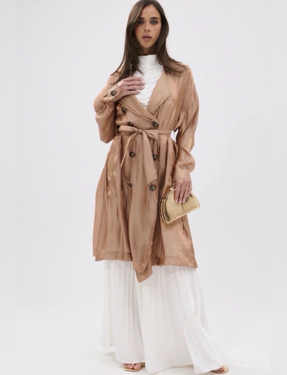 AKIRA Metallic Rose Gold Double-Breasted Trench Coat