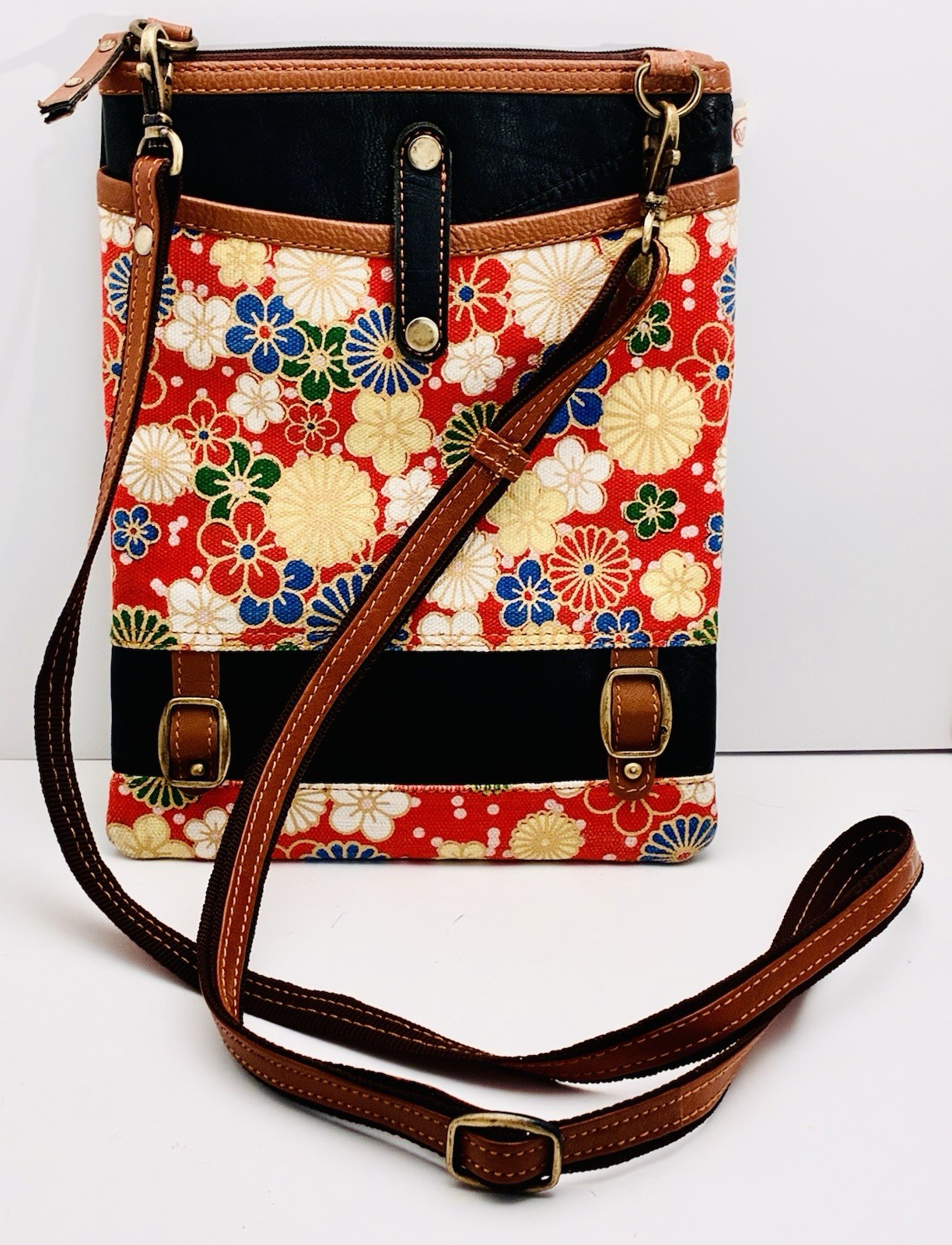Vaan Co Leather Vinyl Crossbody Black/Floral/Brown Made in India Adjust. Strap