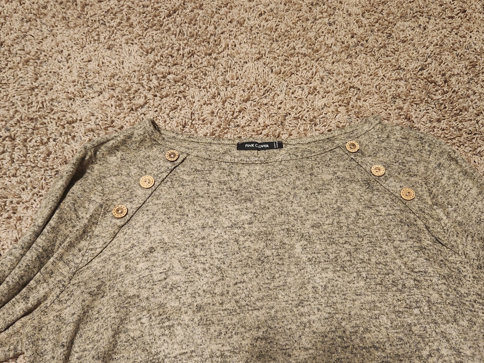 Pink Clover Pullover Women L Brown Marl Top Elbow Patch Button Detail Knit Large
