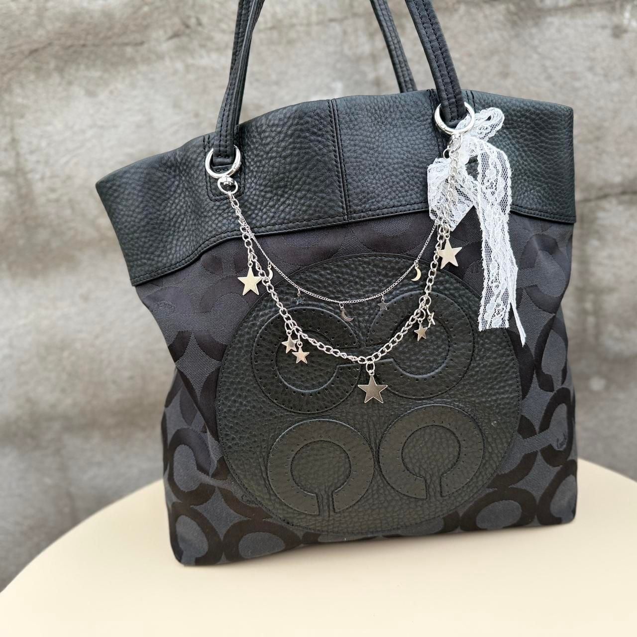 Coach Op Art Signature Tote, Black Jacquard & Leather with Star Charms