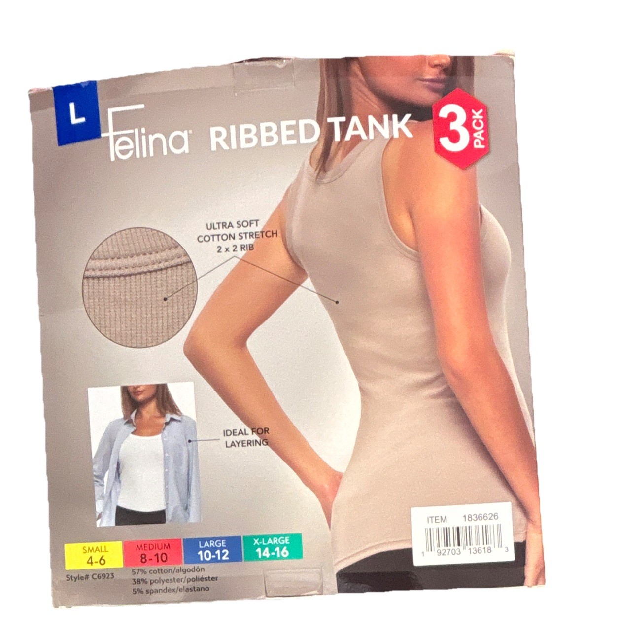 Felina Ribbed Stretch Tank 3-Pack Scoop Neck Size L Black/Beige/White