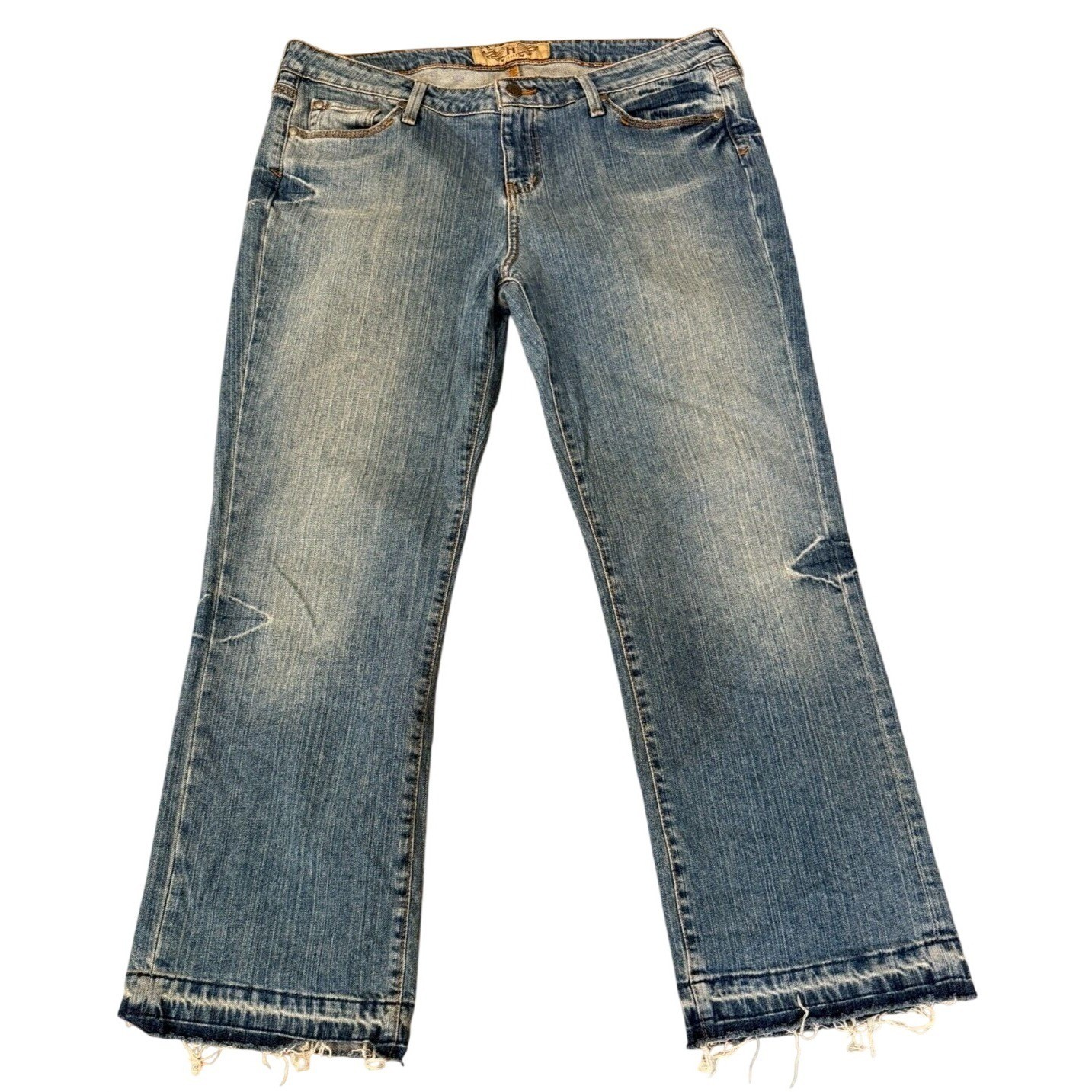 Hint Jeans Womens Low Rise Bootcut Denim Medium Wash Frayed Raw Hem Distressed