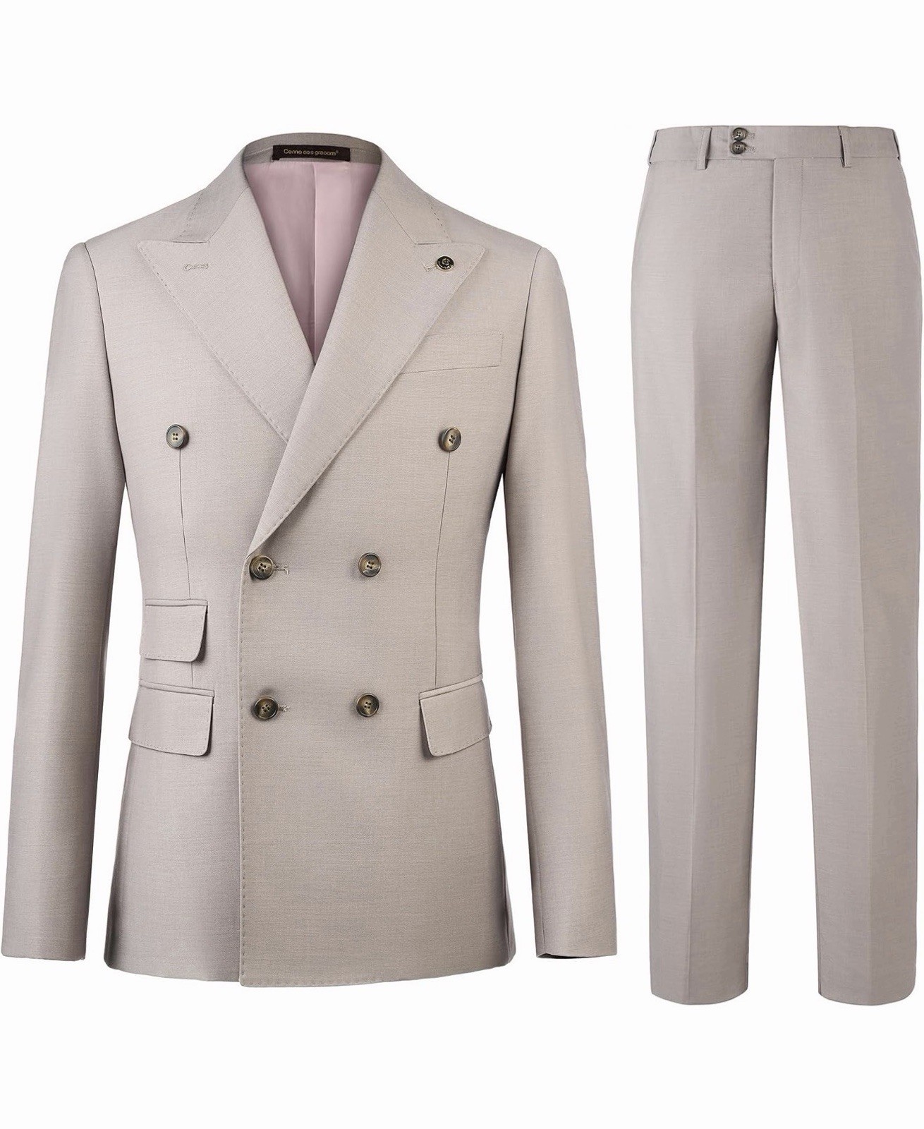 Cennes Des Graoom Indochino Slim Fit Double Breasted Taupe Suit Size 40R x 34W